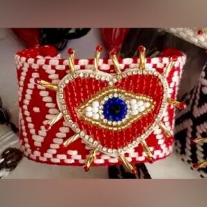 rhinestone rice bead love eye braided fringe bracelet